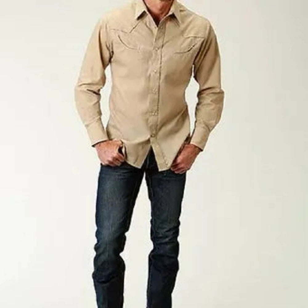 Roper Men's Stone Tan Broadcloth Longhorn Steer Snap Up Western Shirt