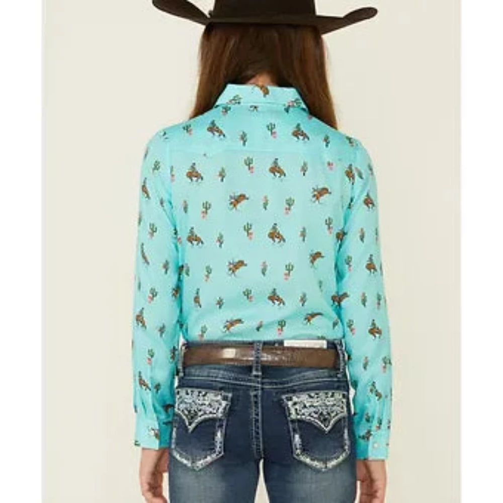 Youth girl's Turquoise Cowboy Cactus Print Western Shirt
