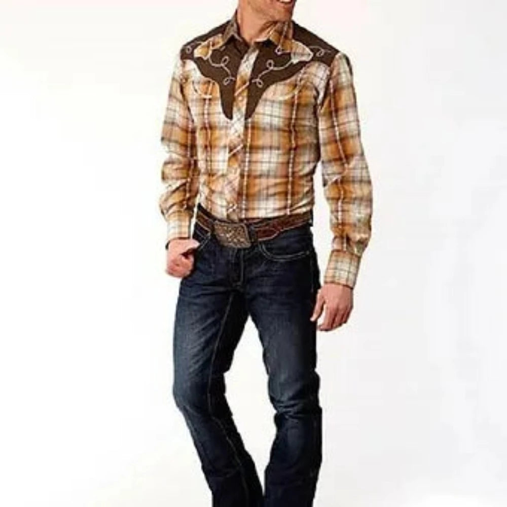 Roper Men's Rust & Cream w/ Horsehead Embroidery Snap Up Western Shirt