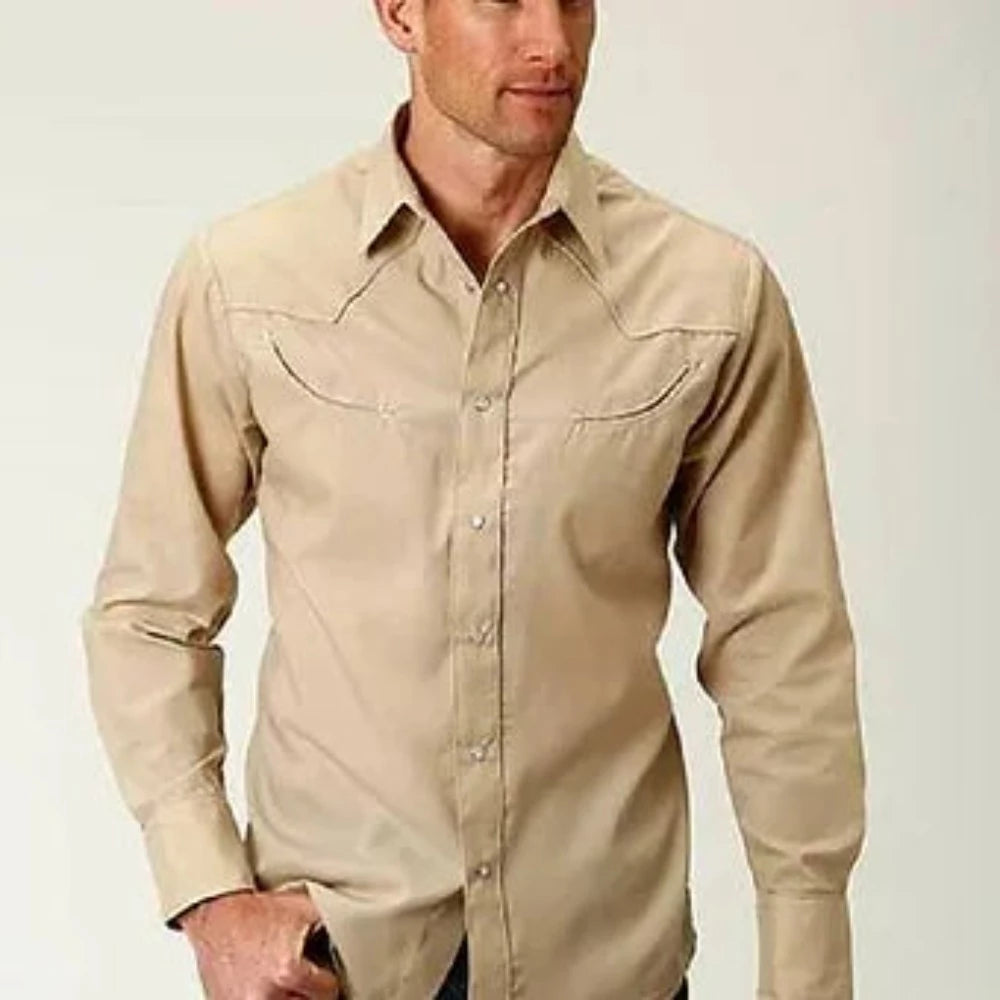 Roper Men's Stone Tan Broadcloth Longhorn Steer Snap Up Western Shirt