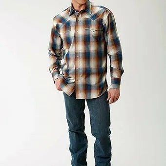 Roper Men's Blue Red Orange Tan Brass Plaid Snap Up Western Shirt