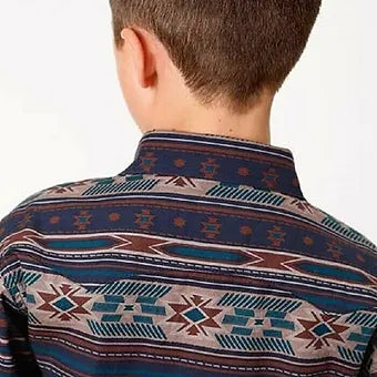 Roper Boy's Dark Blue & Aztec Print Western Show Shirt