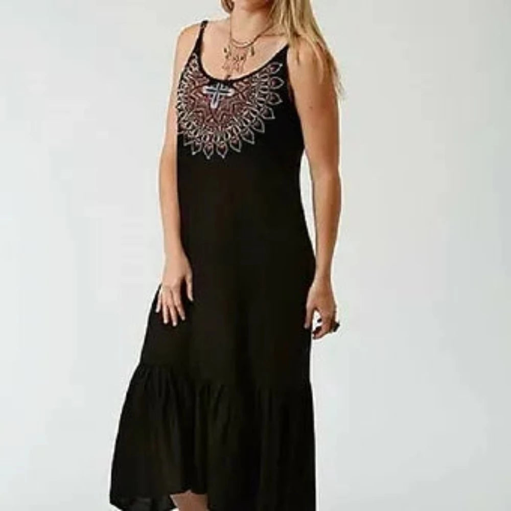 Roper Women's Black Embroidered Challis Spaghetti Strap Sun Dress