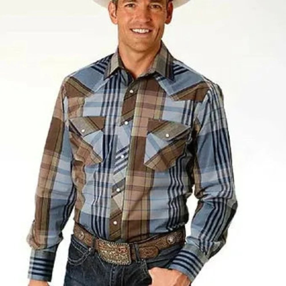 Men's Roper Brown Blue Plaid Western Shirt