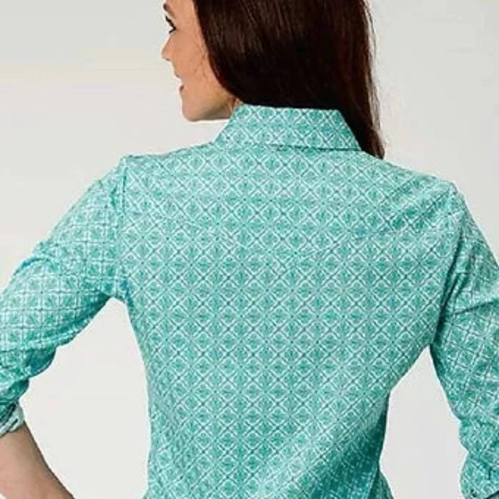 Roper Women's Turquoise & White Lattice Medallion Snap Up Western Shirt