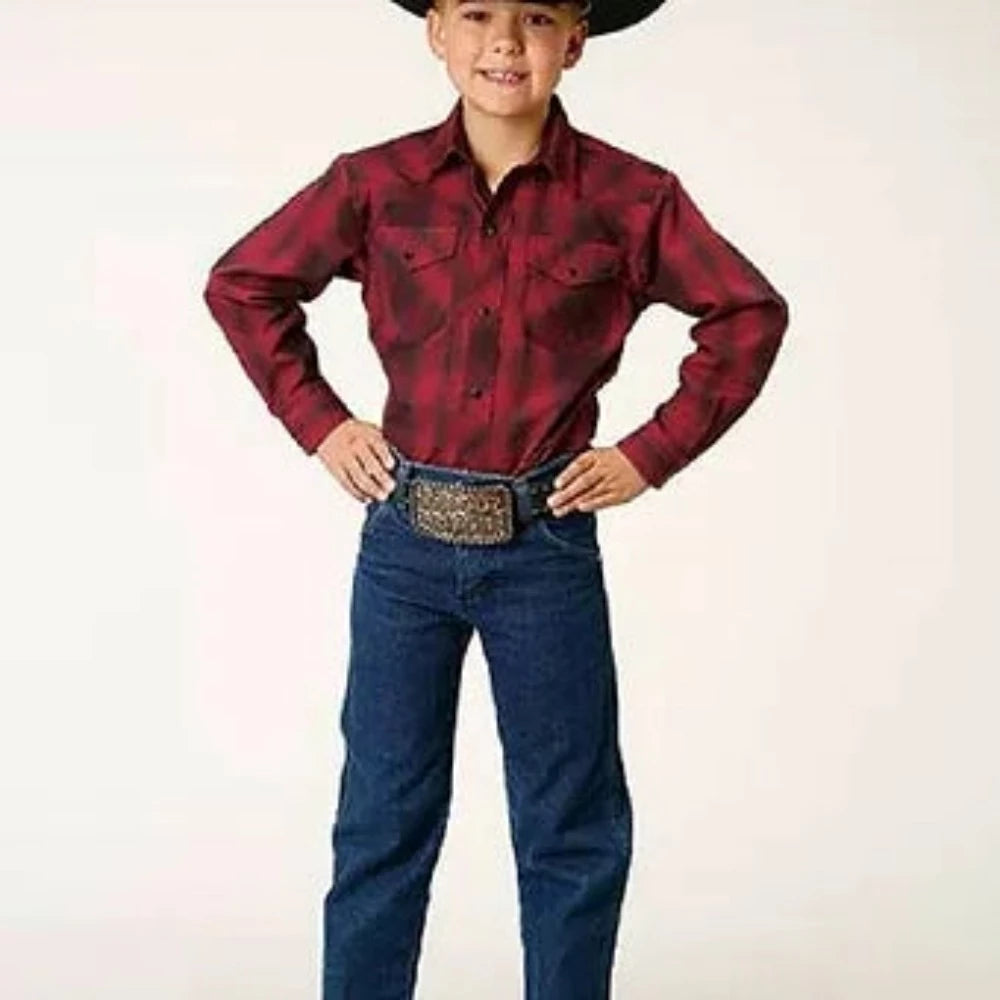Roper Youth Boy's Red & Charcoal Black Ombre Plaid Western Shirt