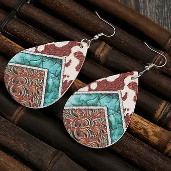 Cowhide Print PU Leather Water Drop Earrings