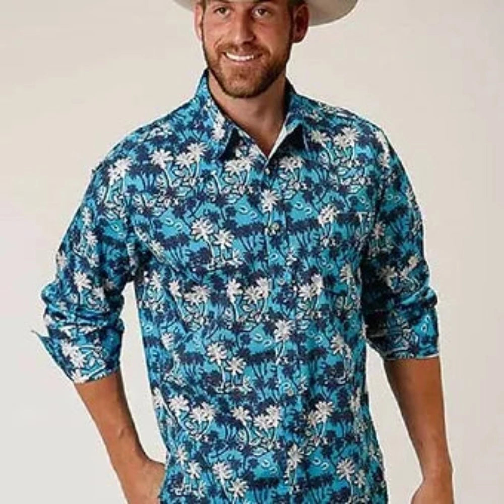 Roper Men's Beach Horseshoe Print Long Sleeve Western Shirt
