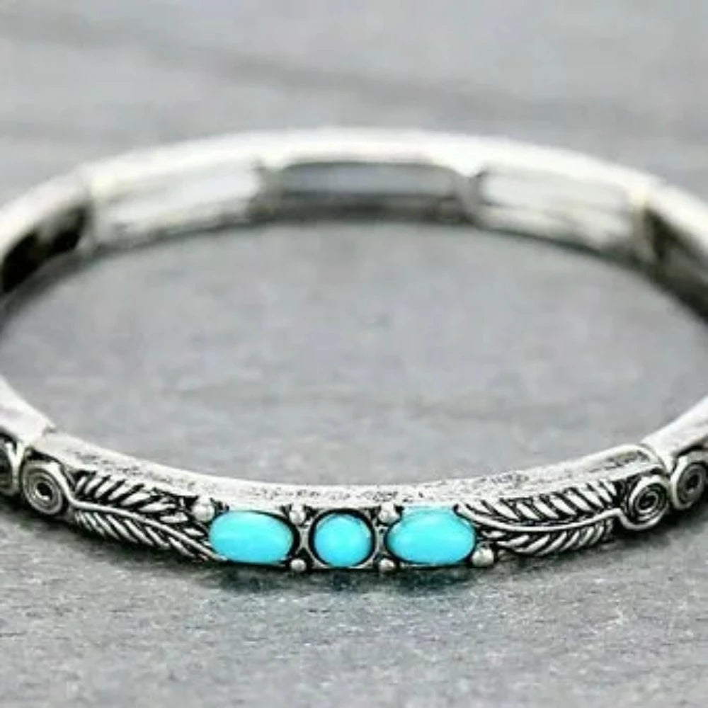 Silver Feather Design w/ Turquoise Stone Stretch Bracelet