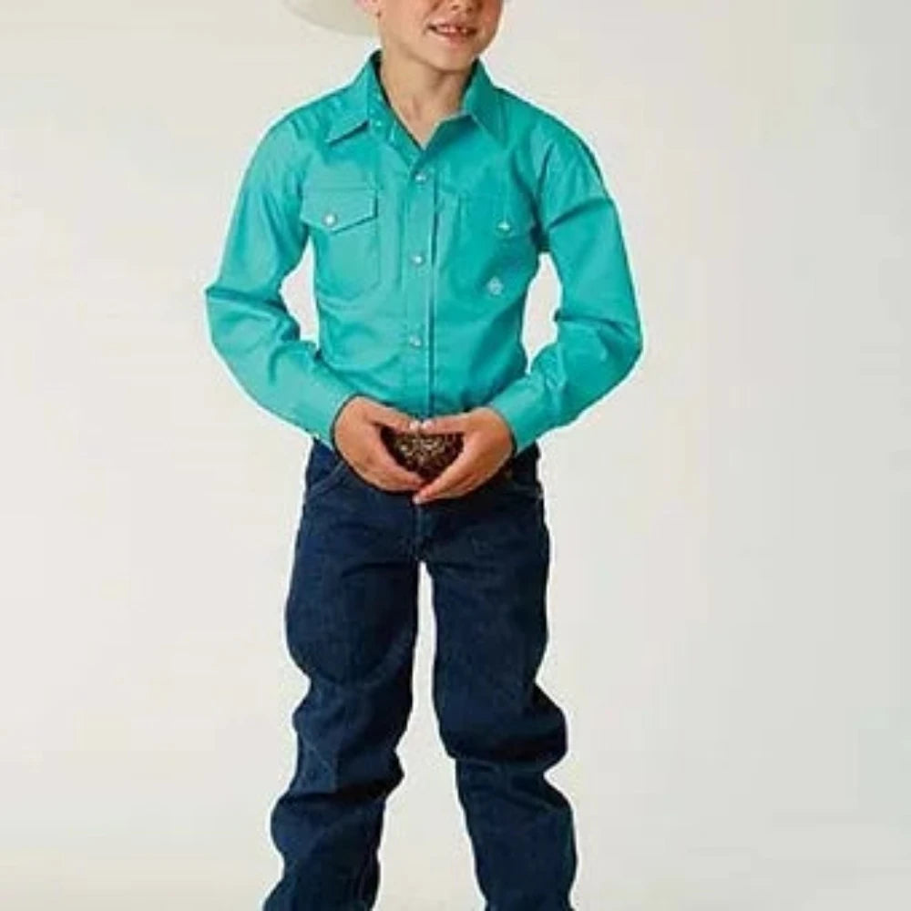 Boy's Roper Aqua Turquoise Solid Poplin Western Shirt Small
