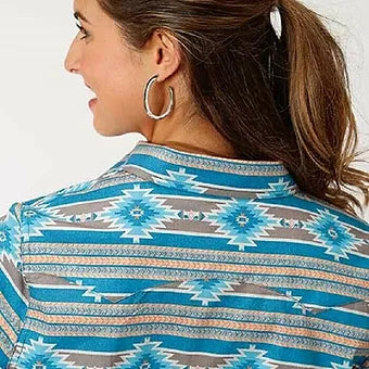 Roper Women's Turquoise & Orange Santa Fe Aztec Snap Up Western Shirt