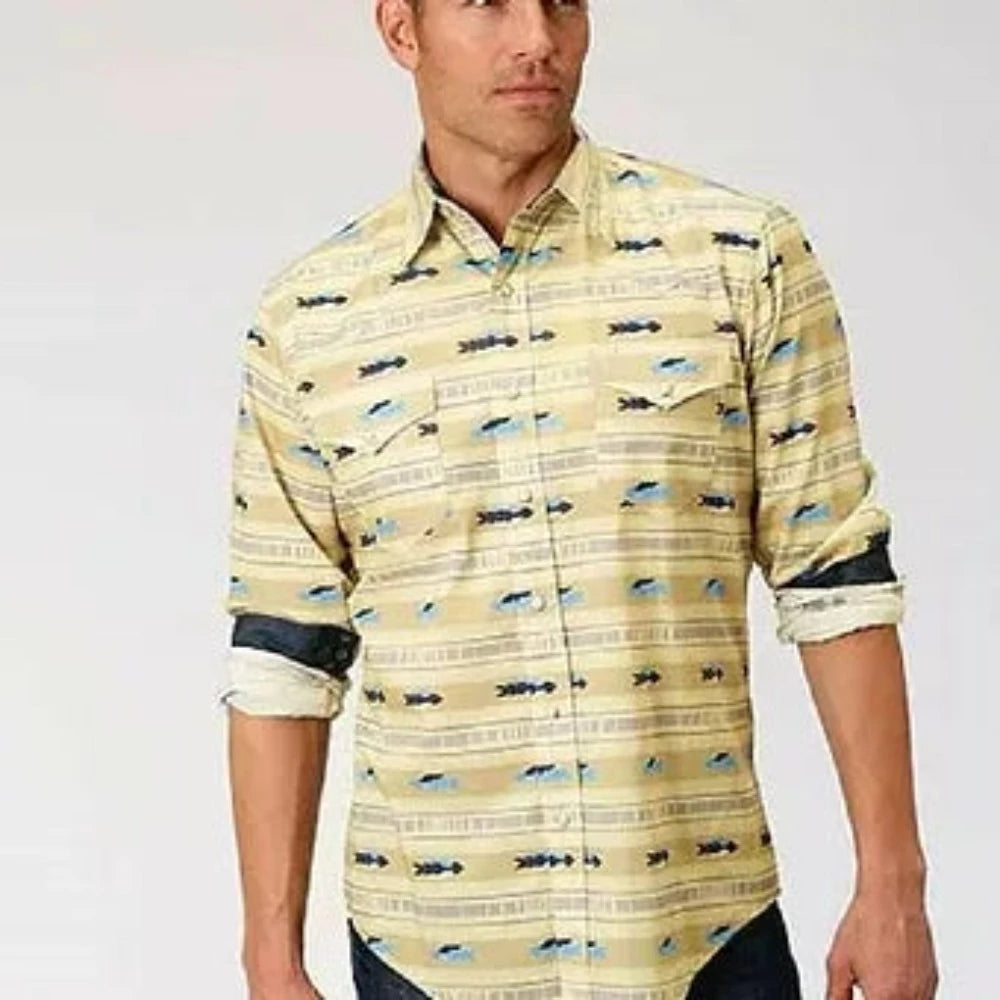 Roper Men's Light Yellow/ Tan Arrow Print Snap Up Western Shirt