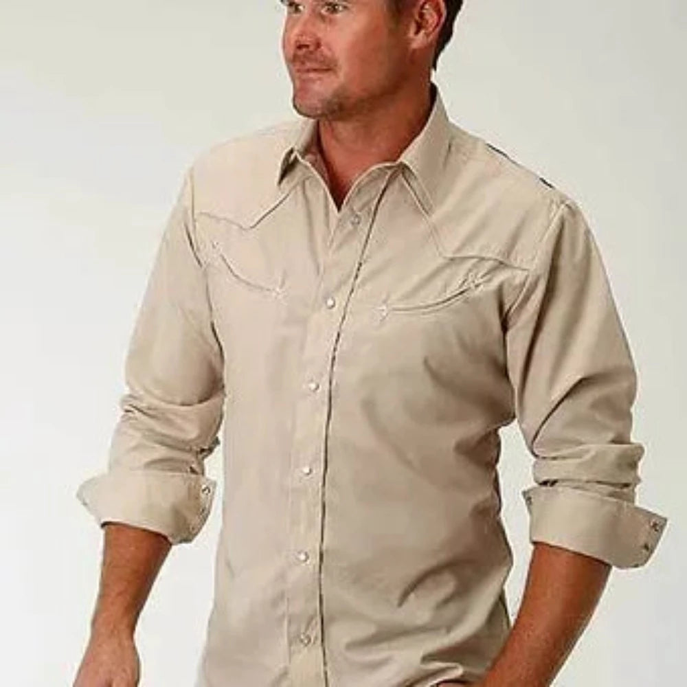 Men's Roper Solid Tan Cactus Embroidery Western Shirt