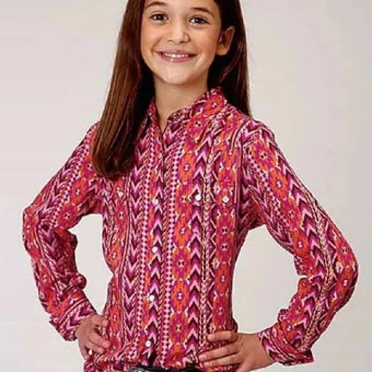 Roper Girl's Pink Aztec Print Snap Up Western Shirt