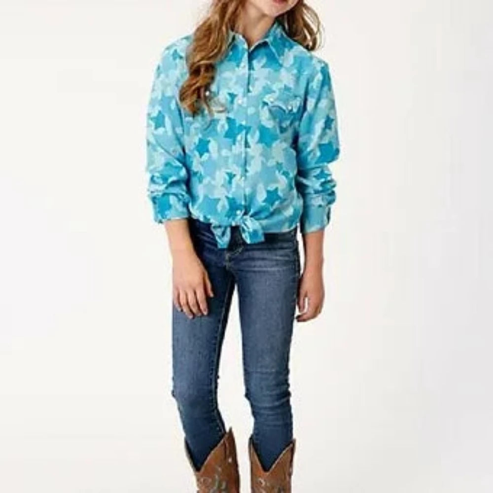 Roper Girl's Light Blue Star Print Western Shirt Blouse
