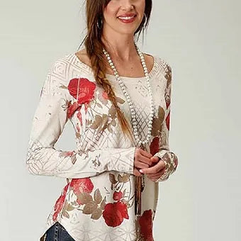 Roper Women's Tan/Red/Cream Floral Print Jersey Sweater