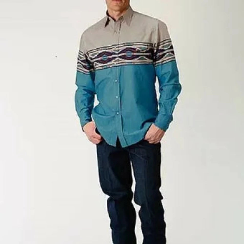 Roper Men's Tan Turquoise Aztec Border Snap Up Western Shirt