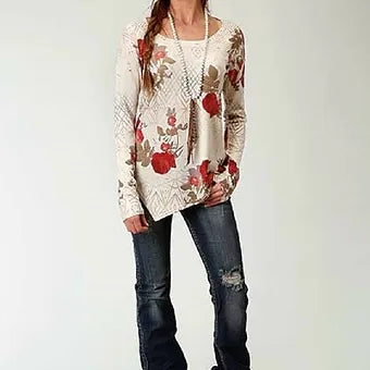 Roper Women's Tan/Red/Cream Floral Print Jersey Sweater