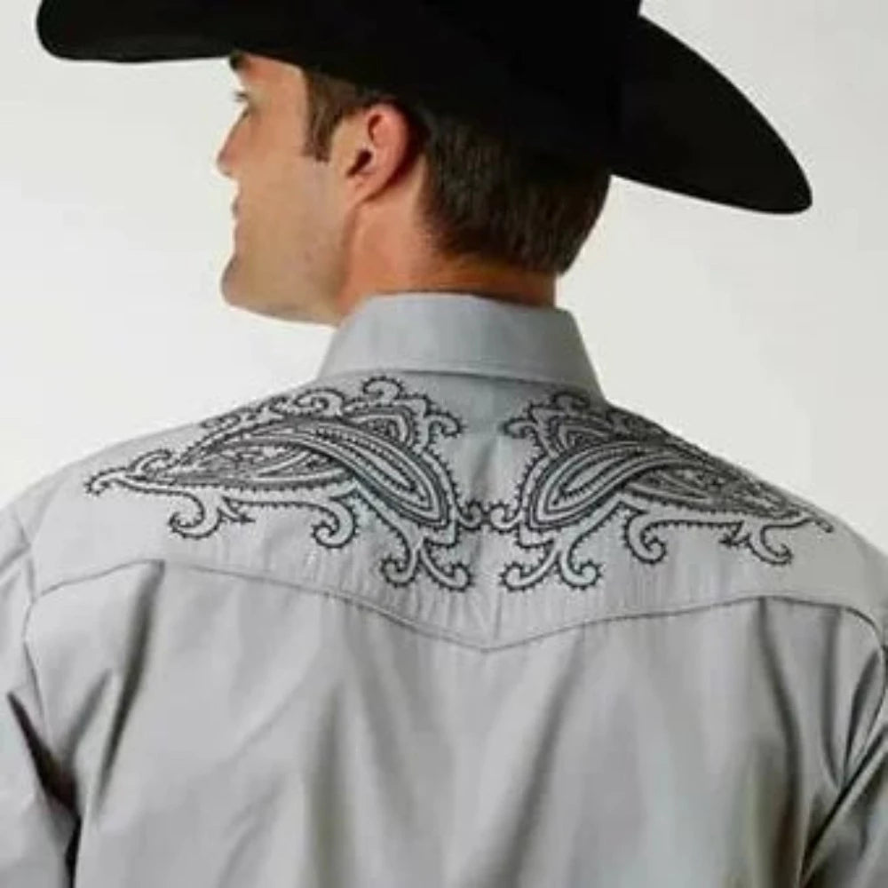 Roper Men's Gray Black Paisley Embroidery Snap Up Western Shirt