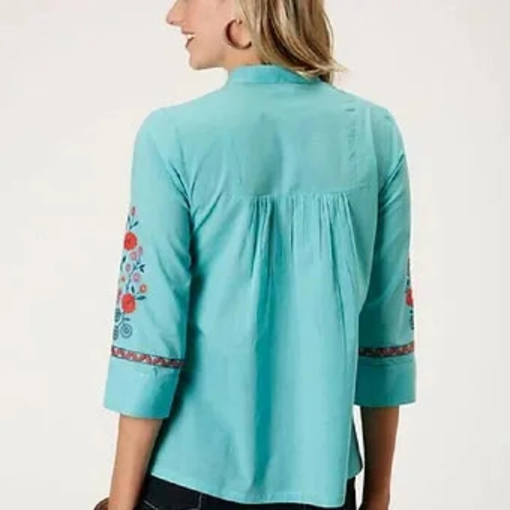Roper Women's Turquoise Embroidered Flower Peasant Blouse Shirt