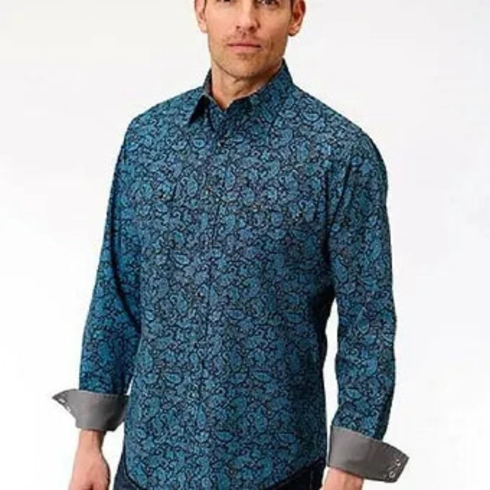 Roper Men's Turquoise Black & Paisley Crackle Western Shirt