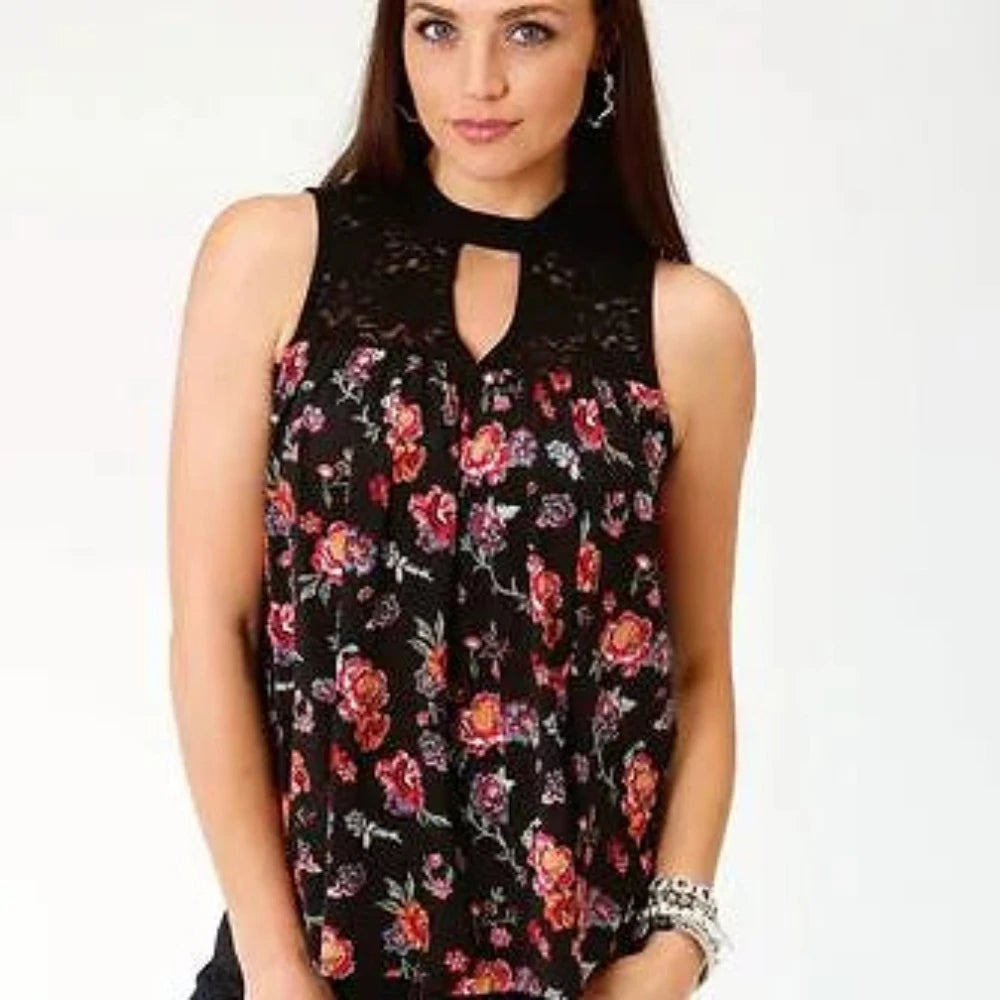 Roper Womens Black Poly/Spandex Floral Lace Tank Top 5015