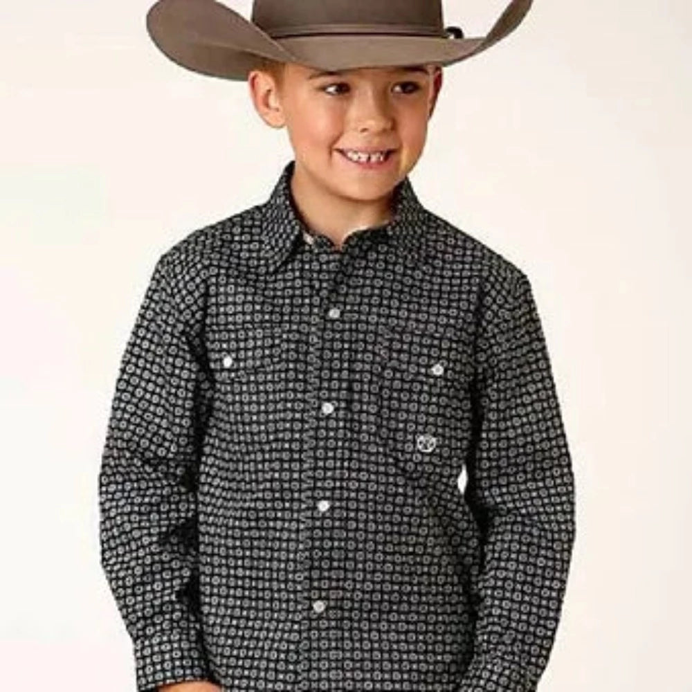 Roper Boy's Black Circle & Square Long Sleeve Snap Up Western Shirt