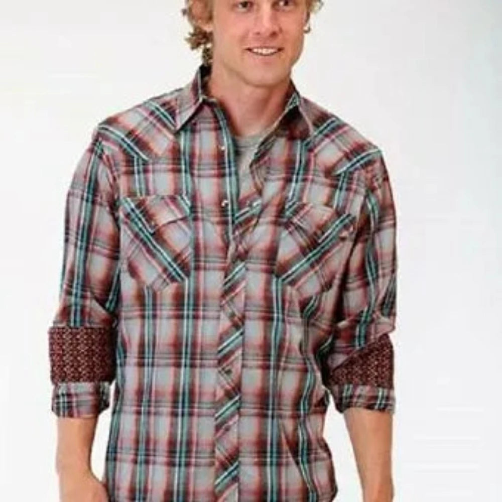 Roper Men's Red/Gray/Turquoise Plaid Snap Up Western Shirt