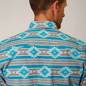 Roper Men's Turquoise Orange Santa Fe Aztec Print Western Shirt