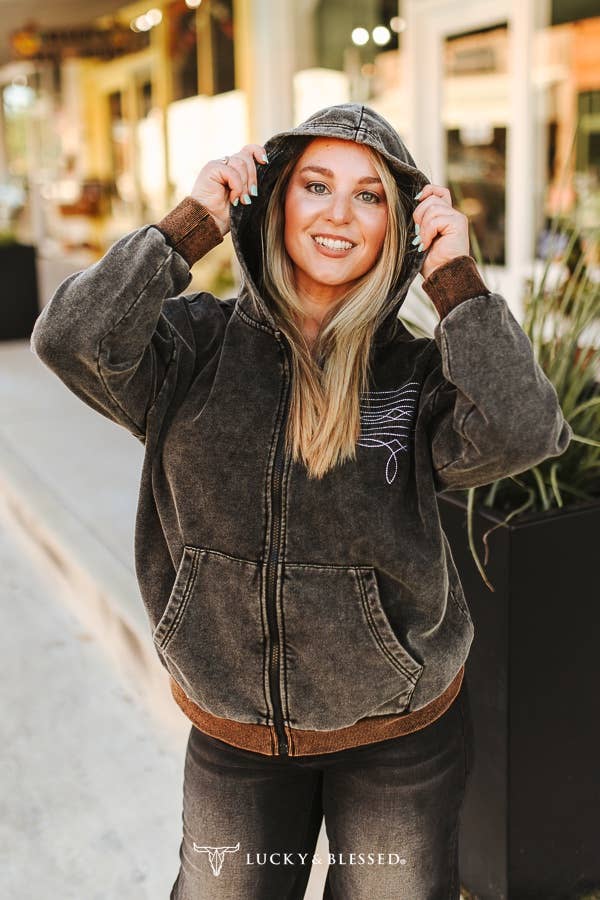 Black Mineral Wash Boot Stitch Embroidered Detail Zip-Up Hoodie