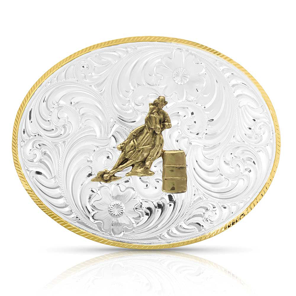 Montana Silversmiths Petite Two-Tone Engraved Belt Buckle w/ Barrel Racer