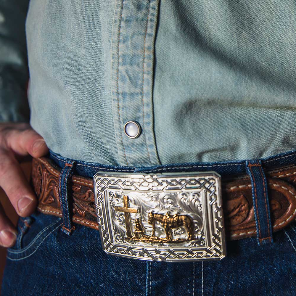 'Unyielding Grit' Belt Buckle w/ Cross, Cowboy, Horse