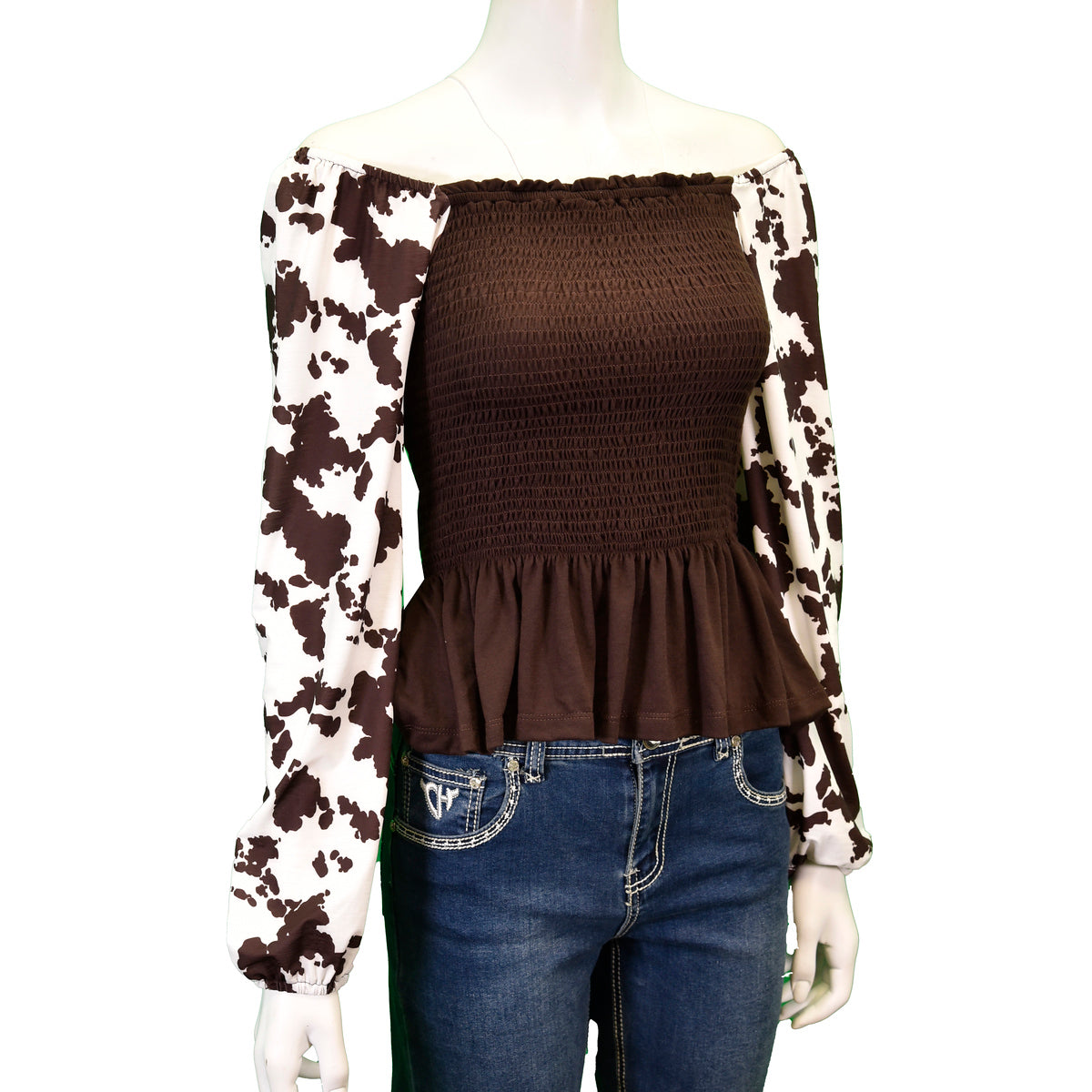 Women's Cowgirl Hardware Cowprint Puff Sleeve Blouse