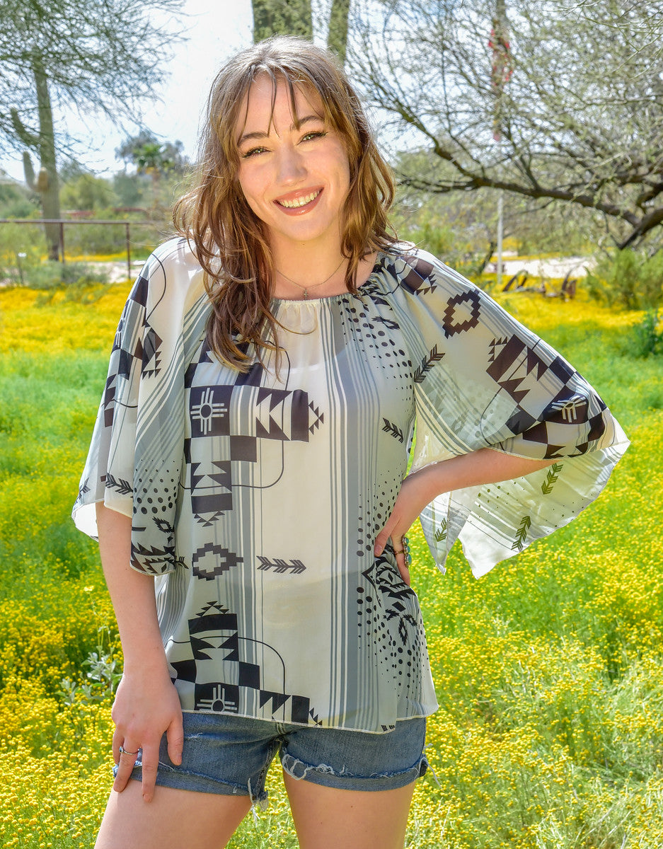 Women's Cowgirl Hardware Aztec Chiffon Blouse w/ Angel sleeves
