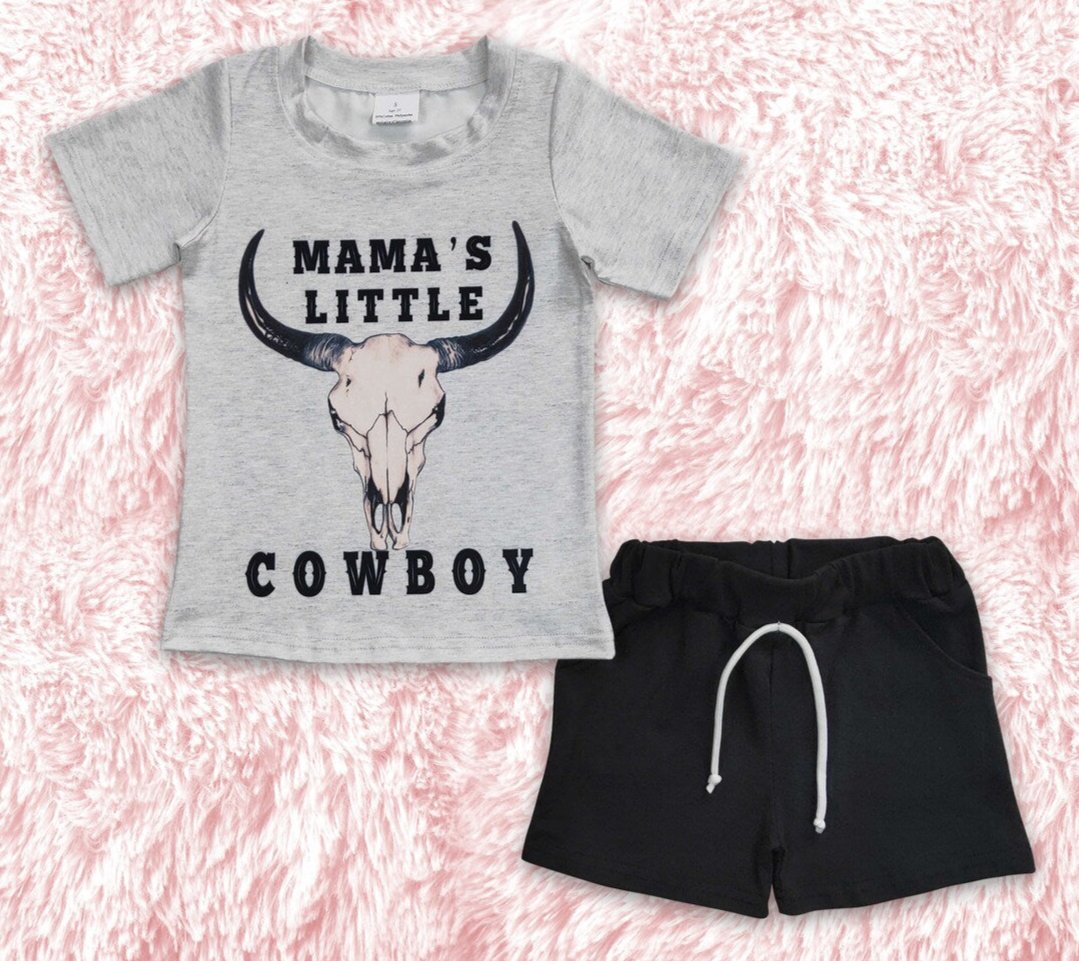 Mama's Little Cowboy Shorts Set Bull Skull