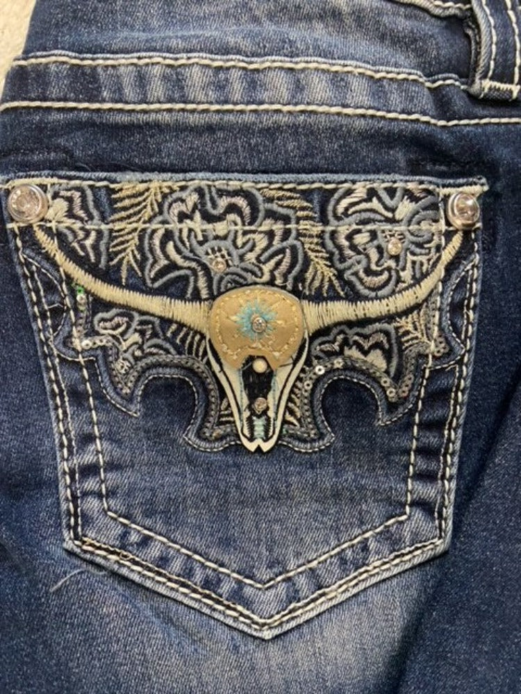 Women's Miss Me Skull Embroidery Dark Wash Jeans w/ Rhinestones