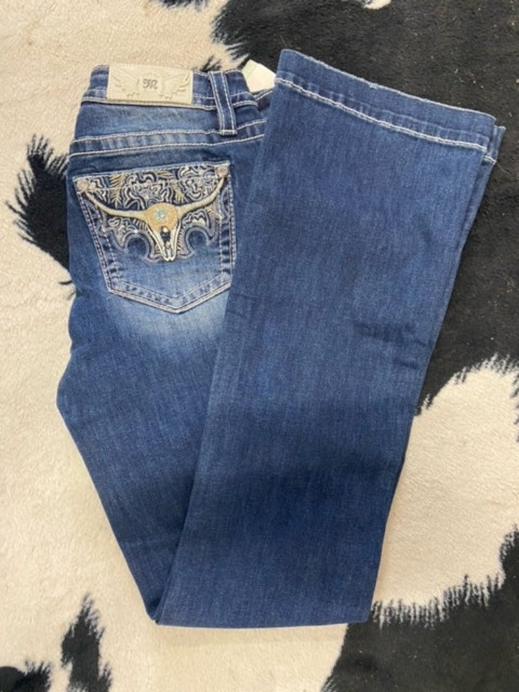 Women's Miss Me Skull Embroidery Dark Wash Jeans w/ Rhinestones