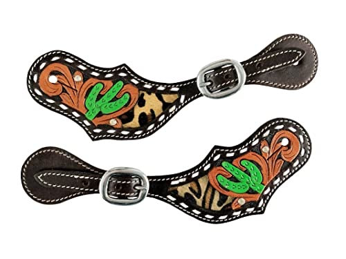 Women's Dark oil LEATHER SPUR STRAPS w/ Painted cactus Hair-on Cheetah print