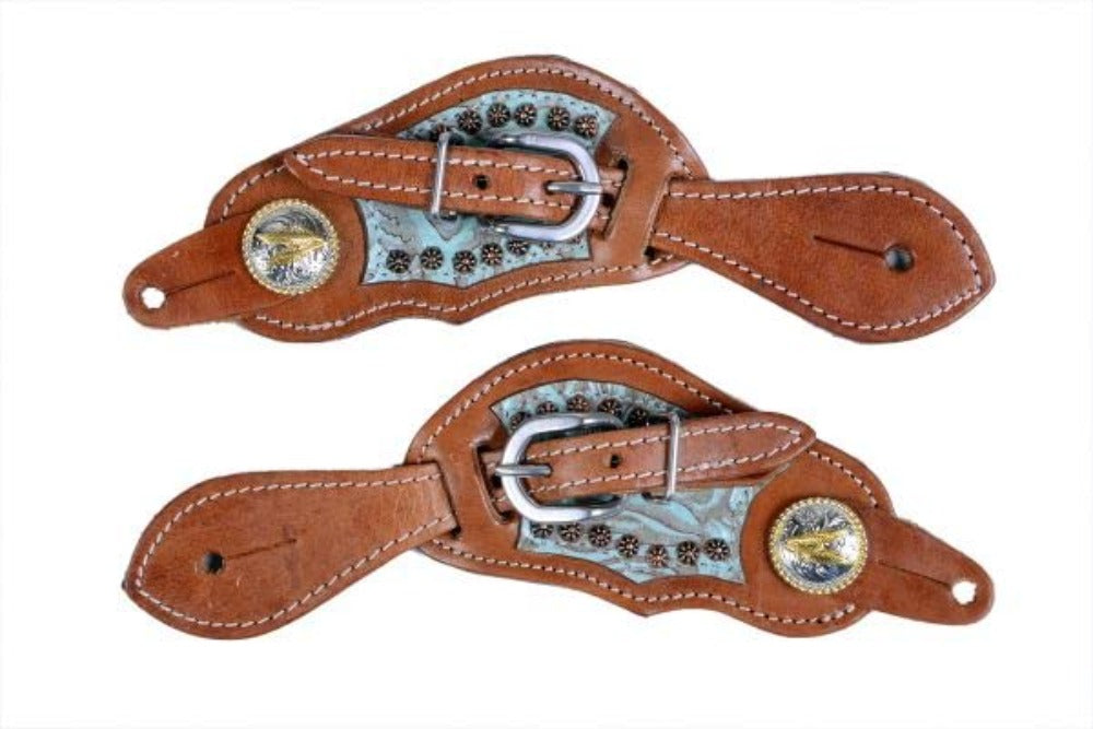 Girl’s Leather Spur Strap w/ Blue Filigree Print Silver & gold feather concho