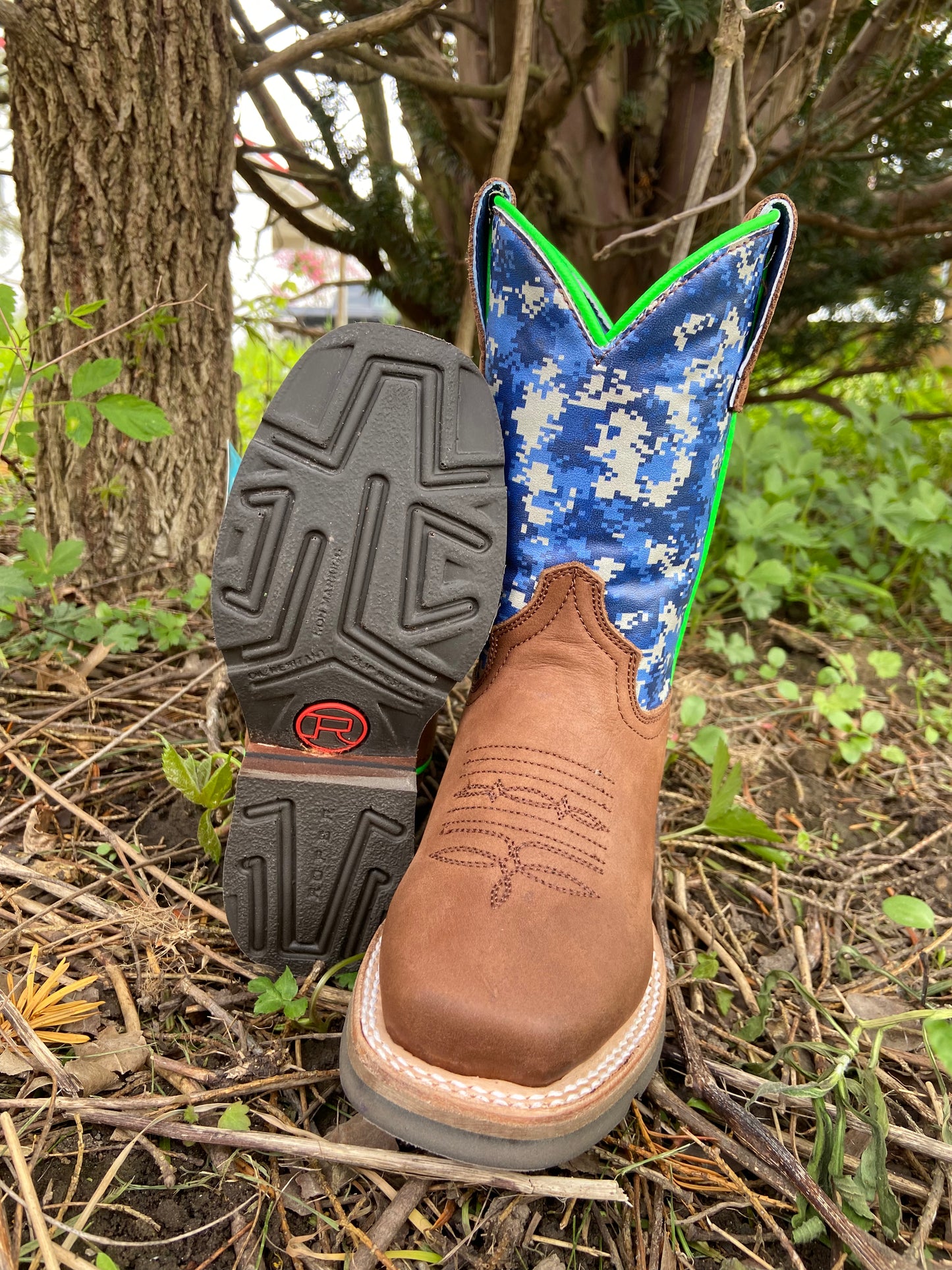Roper Boy's Youth Blue Gray Camo Western Square Toe Cowboy Boots