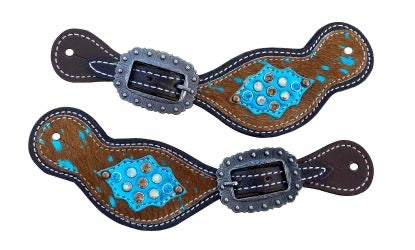 Women's Teal & brown Adjustable COWHIDE SPUR STRAPS w/ Rhinestones Silver buckle