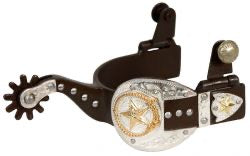 Showman Ladies Antique Brown Silver Buckle Tip Spurs w/Gold Stars & Lasso
