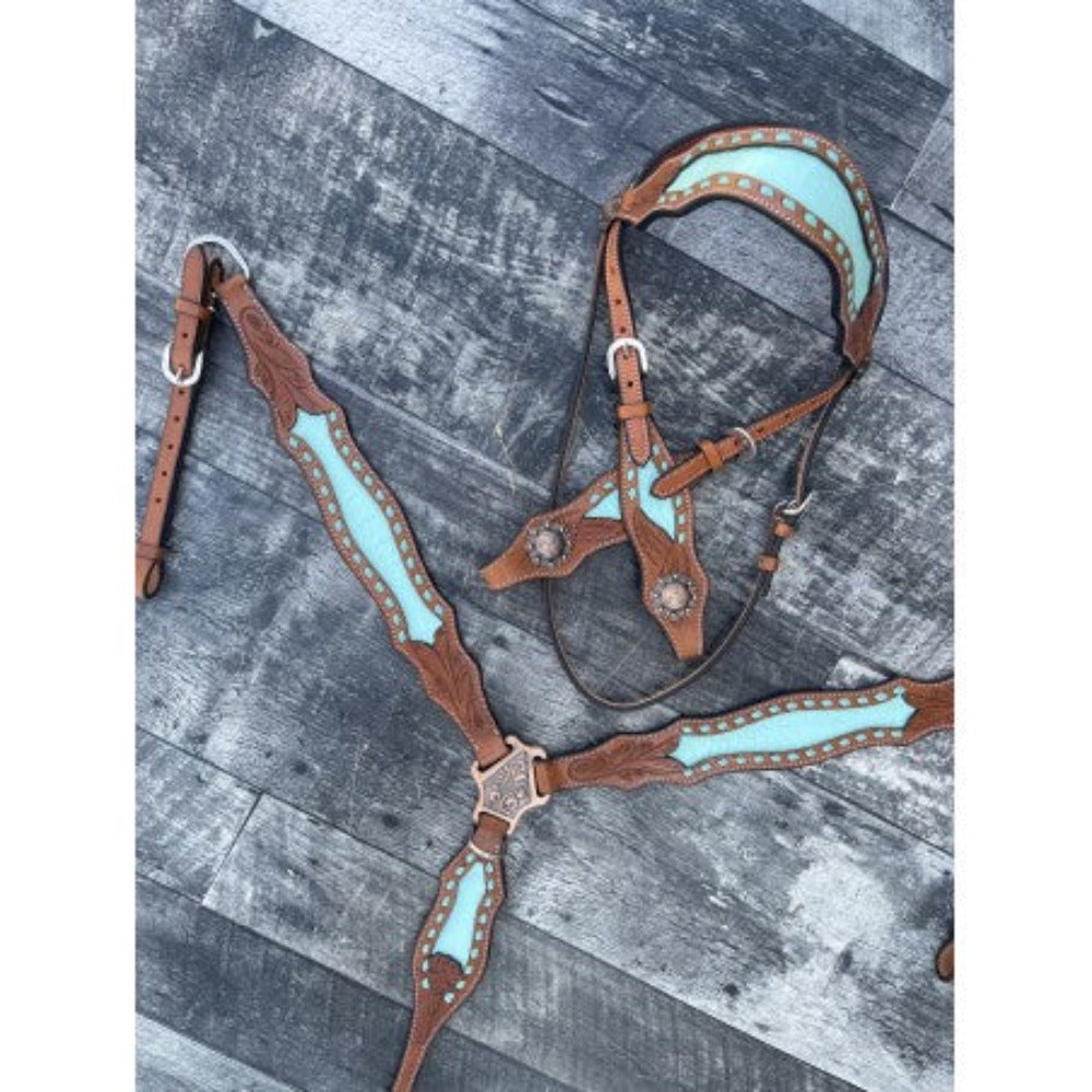 Schulz Equine Turquoise Bonanza Breast Collar & One Ear Headstall Set