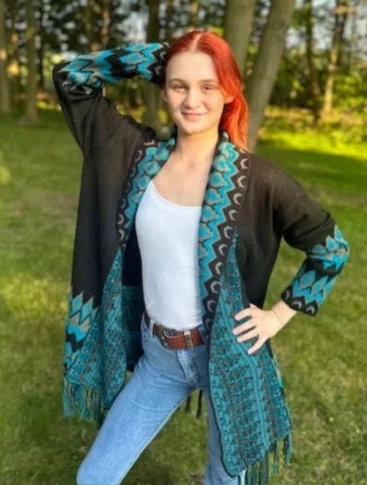 Ladies Black & Turquoise Long Cardigan