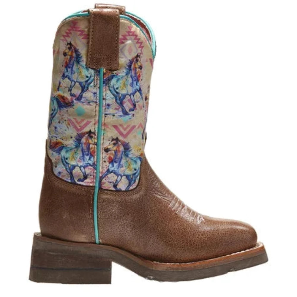 Roper Girl's Youth Brown 'Horses' Print Western Square Toe Cowgirl Boots
