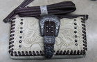 Cream Brown CROSSBODY TRIFOLD WALLET Laces Billfold Clutch Wristlet Messenger