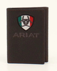 Ariat's Brown Leather Tri-Fold Wallet with Horseshoe / Shield Logo with Mexico Flag Color Background