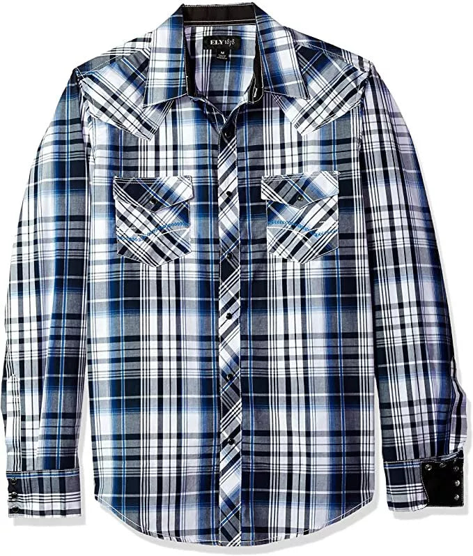 Ely Cattleman Men's Blue PLAID WESTERN SHIRT