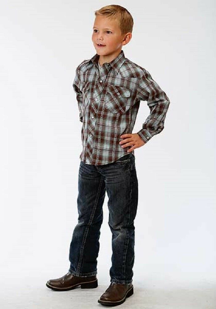 Roper Youth Boy's Brown & Turquoise Plaid Western Shirt