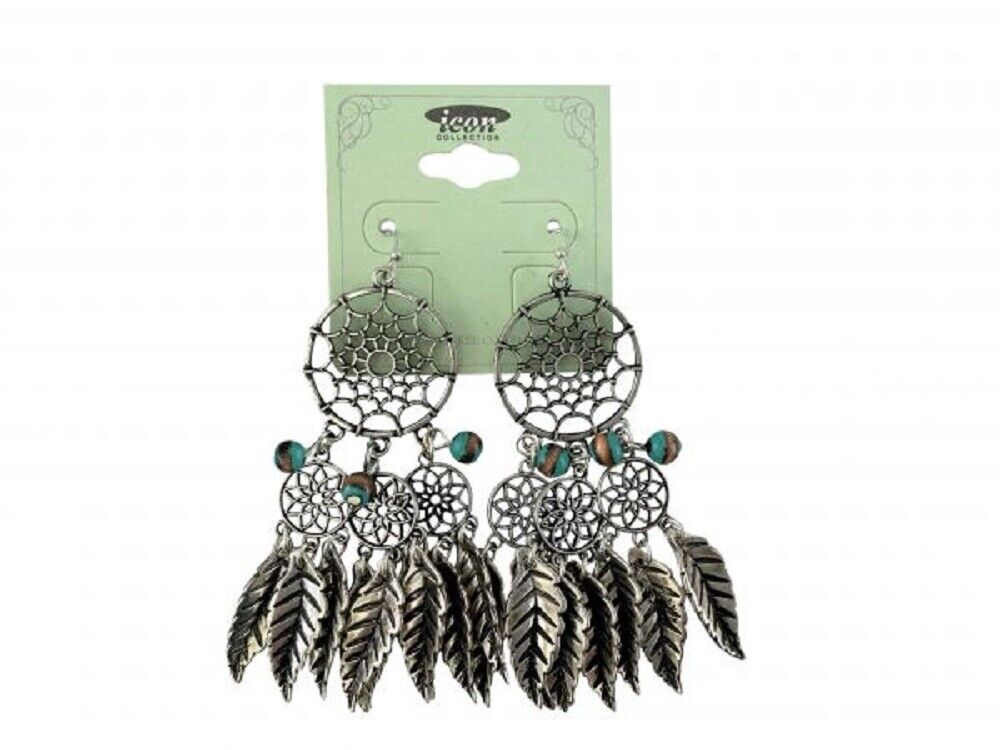 Silver & Turquoise DREAMCATCHER EARRINGS w/ Dangle feather accents